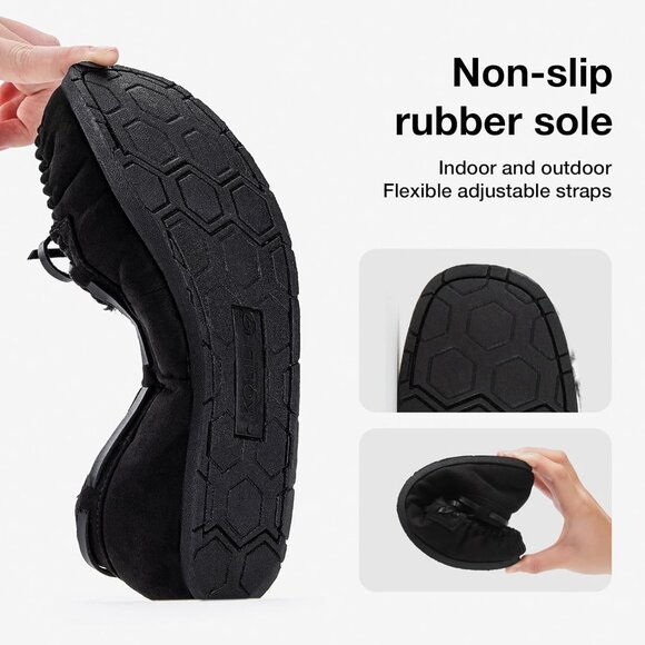 Women's All Black Faux Fur Warm Winter Cozy Rubber Sole Slippers Boot Shoes - Picture 3 of 6